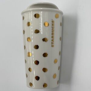 Starbucks LIKE NEW Holiday 2014 Collection White and Gold Ceramic Tumbler & Lid